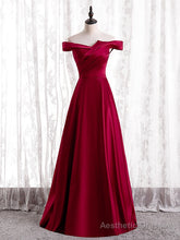Burgundy Satin Off the Shoulder Pleats Long Prom Dress